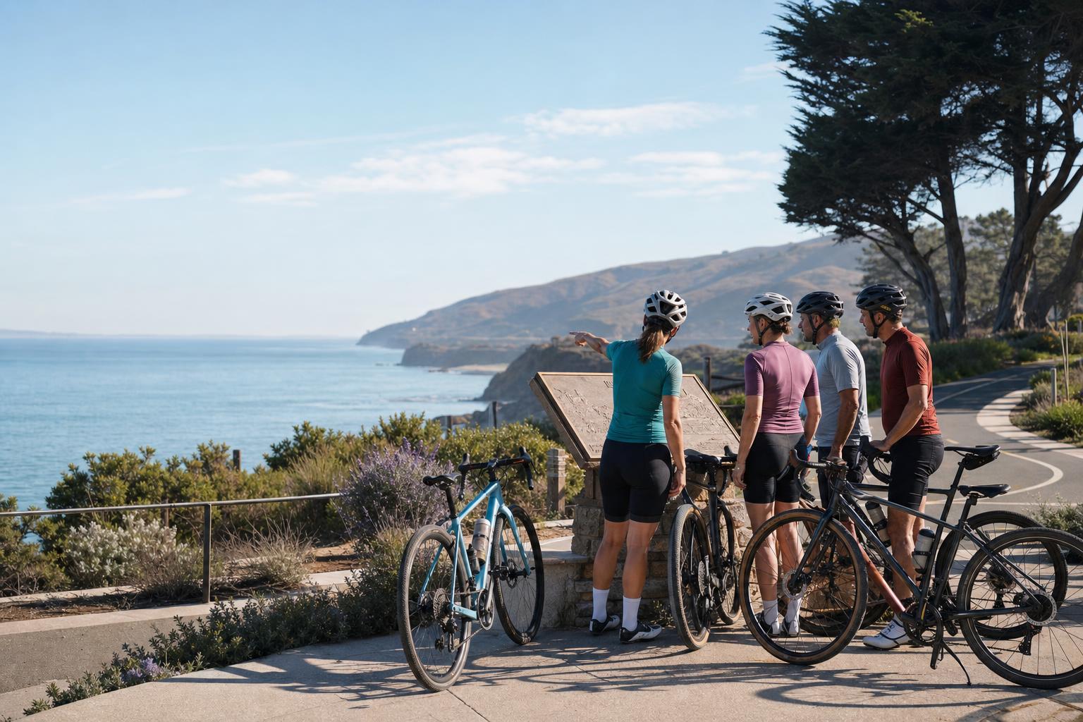 Cyclists paused safely at a coastal overlook during a story-led bike route