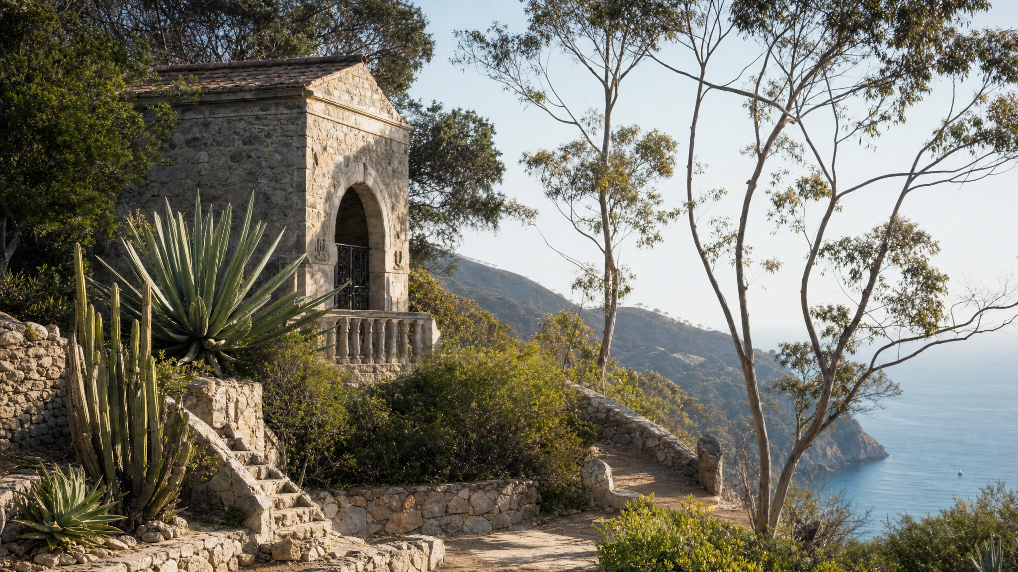 Wrigley Memorial rising above Catalina garden paths with stone architecture and hillside atmosphere.