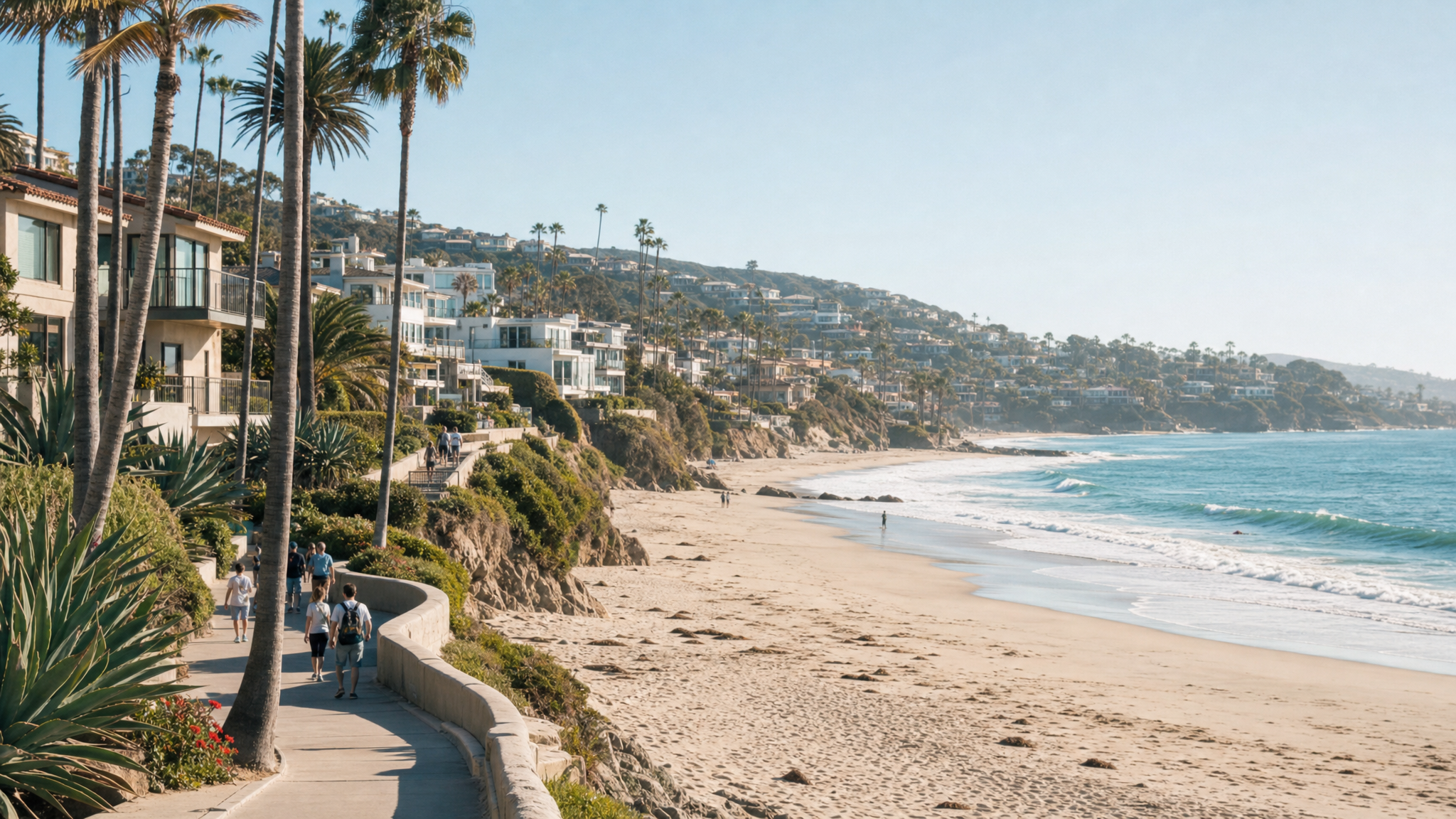 Main Beach in Laguna Beach with sand, shoreline, palms, promenade activity, and hillside homes beyond the coast.