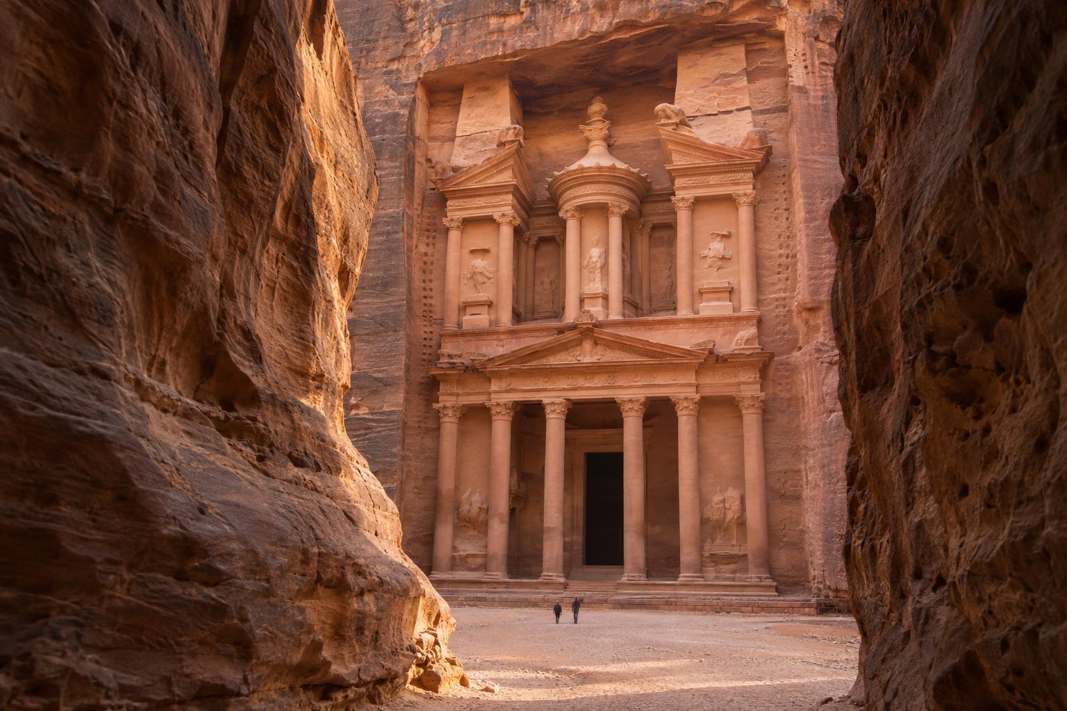 Petra's Treasury seen through the sandstone walls of the Siq in warm early-morning light