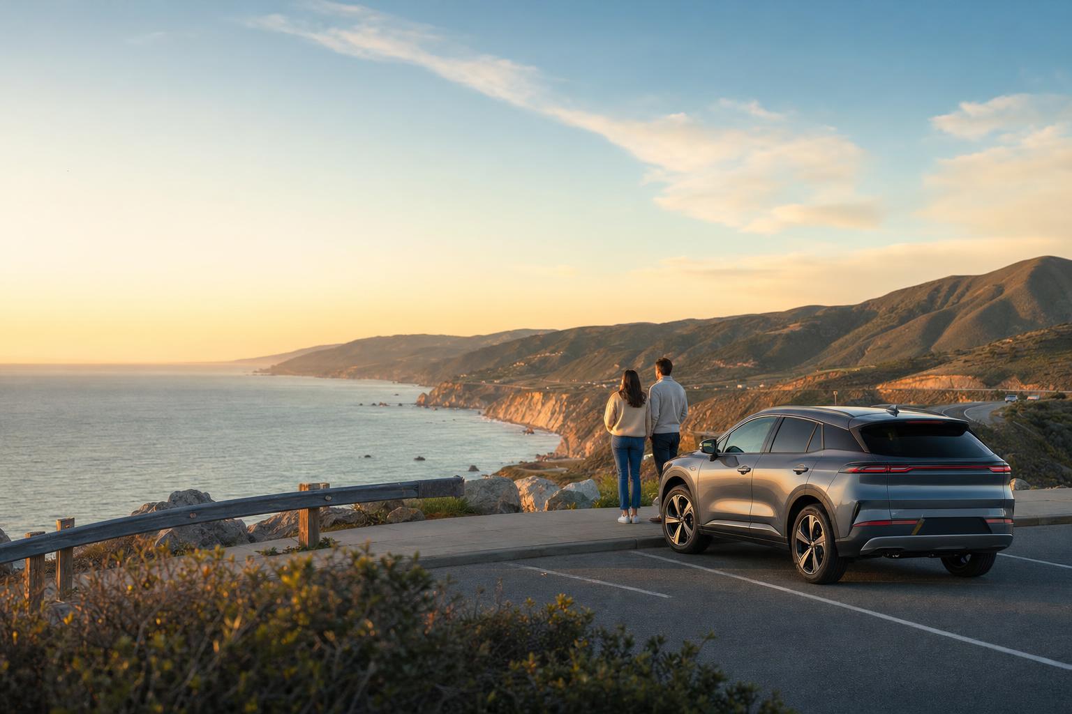 A couple safely parked at a coastal overlook during a scenic-drive adventure