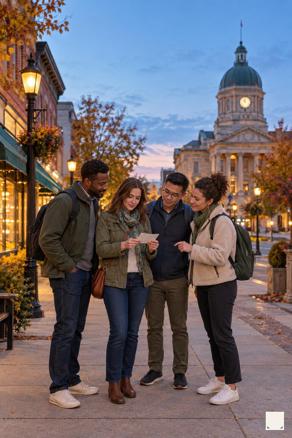 Four adults comparing a printed clue on a historic downtown street at blue hour